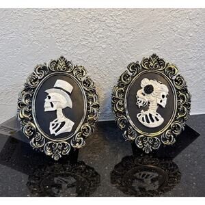 Mr. & Mrs Skeleton Framed Gothic Cameo Wall Decor 6.5" X 8.5" 3D Skull Halloween